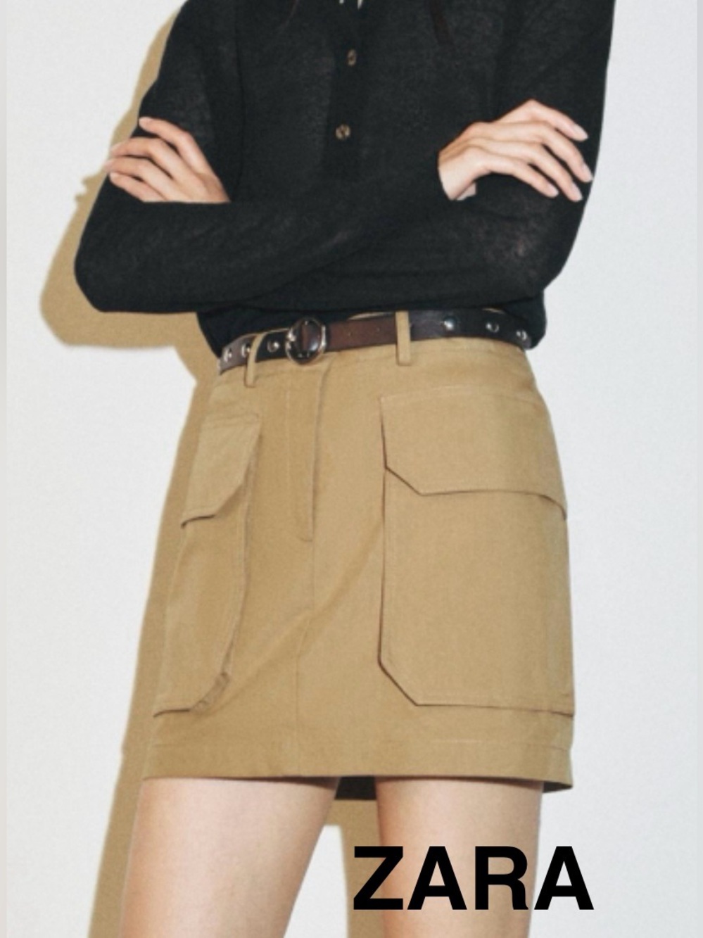 ZARA Camel Cargo Mini Skirt with Studded Brown Belt - Size L - NEW